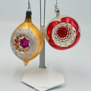 2 VTG Indent Mica Christmas Ornaments 1 round 1 teardrop Austria Silver Gold 3"